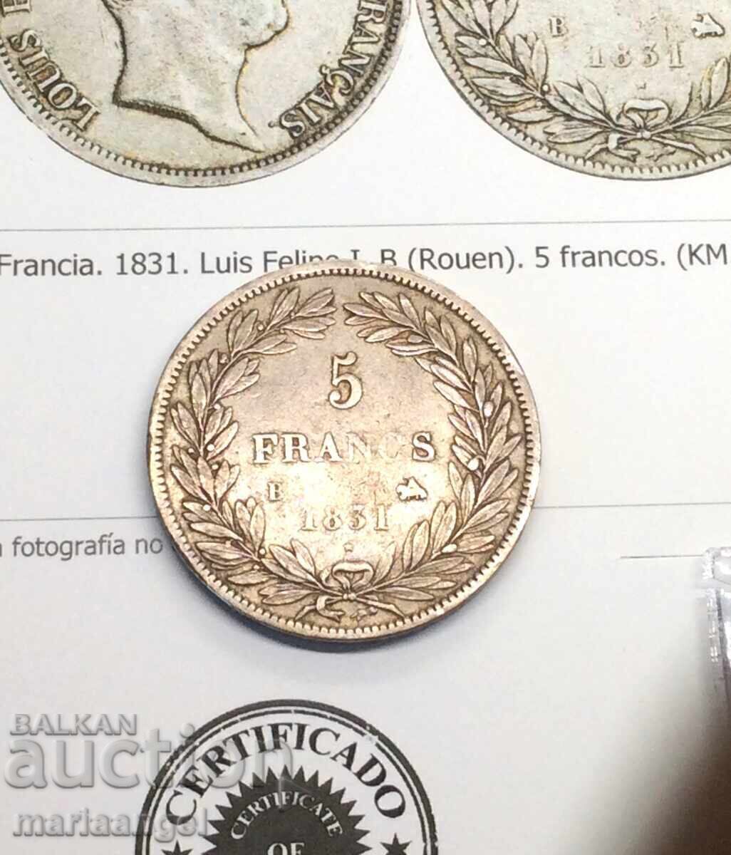 Licitație 5 Franci 1831 Franța Regele Ludovic Filip I B - Rouen 25.08y Ag Licitație 5 Franci 1831 Franța Regele Ludovic Filip I B - Rouen 25.08y Ag