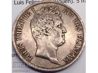 5 Franci 1831 Franța Regele Ludovic Filip I B - Rouen 25.08y Ag