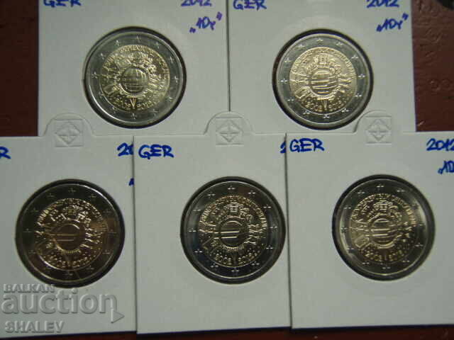 2 Euro 2012 Germany "10 years" A,D,F,G,J /Германия/ - 2 евро с цена 64.89 лв. | € 33.18 2 Euro 2012 Germany "10 years" A,D,F,G,J /Германия/ - 2 евро с цена 64.89 лв. | € 33.18