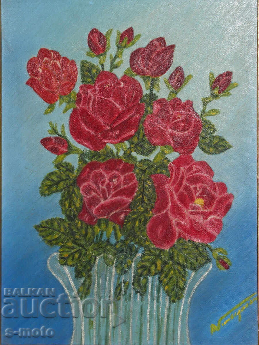 Έργο ζωγραφικής με λάδι νεκρή φύση με λουλούδια