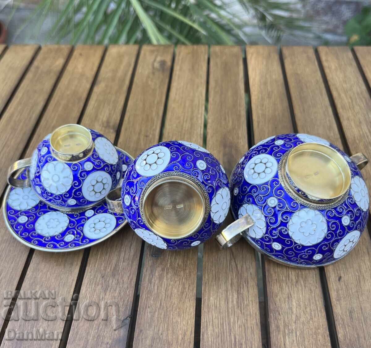 Доставка на Руски Колекционерски сервиз за кафе, Сребро, позлата, емайл Доставка на Руски Колекционерски сервиз за кафе, Сребро, позлата, емайл