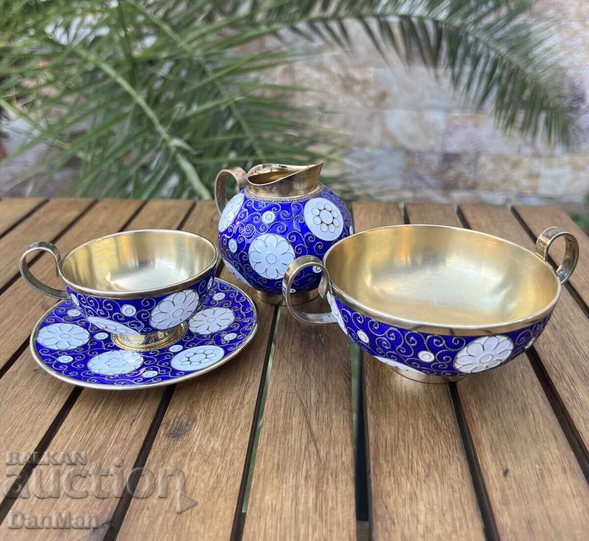 Руски Колекционерски сервиз за кафе, Сребро, позлата, емайл Руски Колекционерски сервиз за кафе, Сребро, позлата, емайл