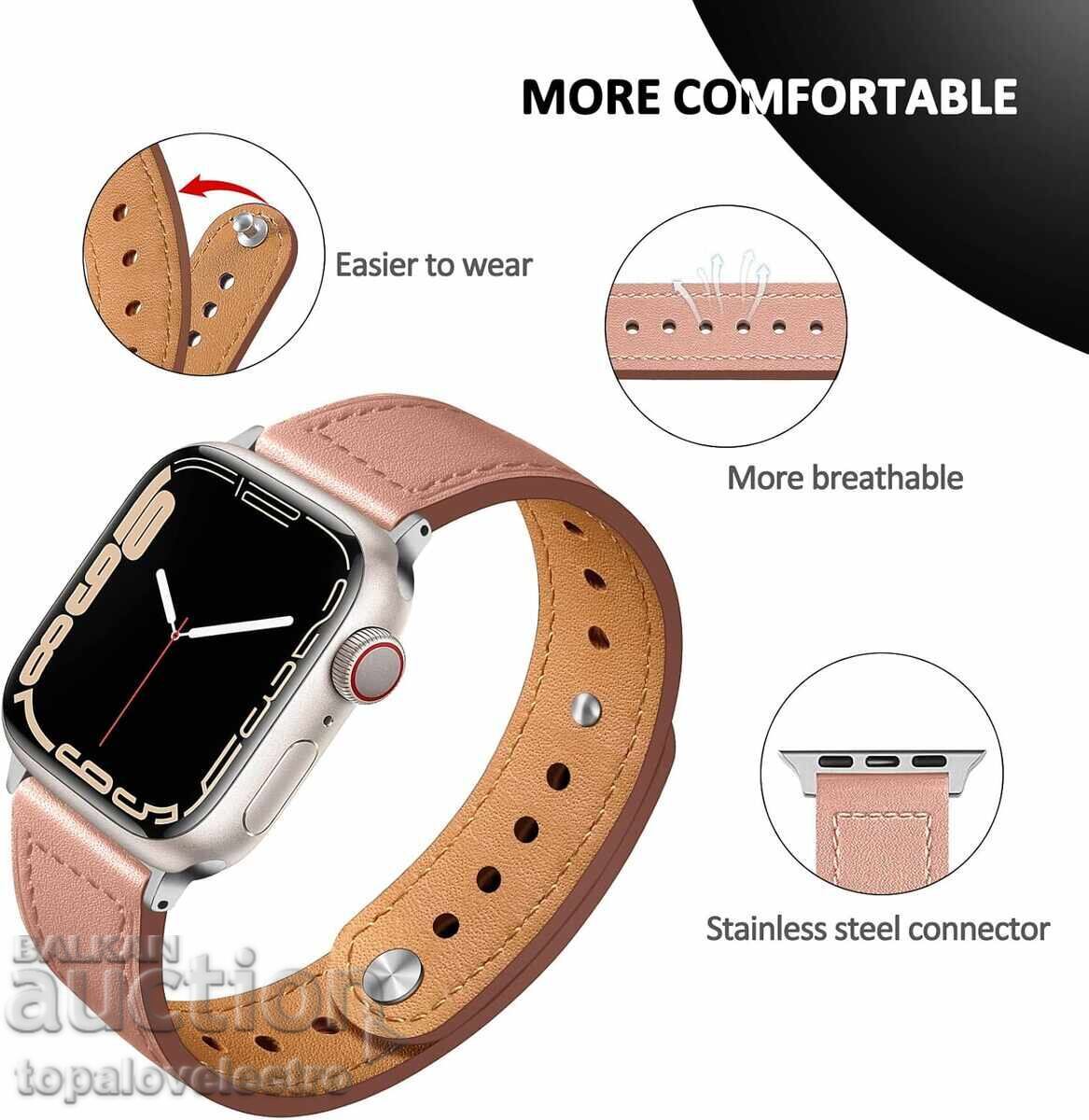 Доставка на НОВA! Кожена каишка за Apple Watch (38–49 мм)