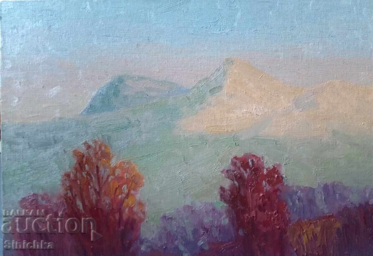Landscape. Oil painting. Vitosha at sunset