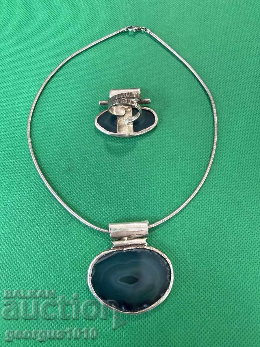 Аукцион Сребърен арт комплект с ахат №7746