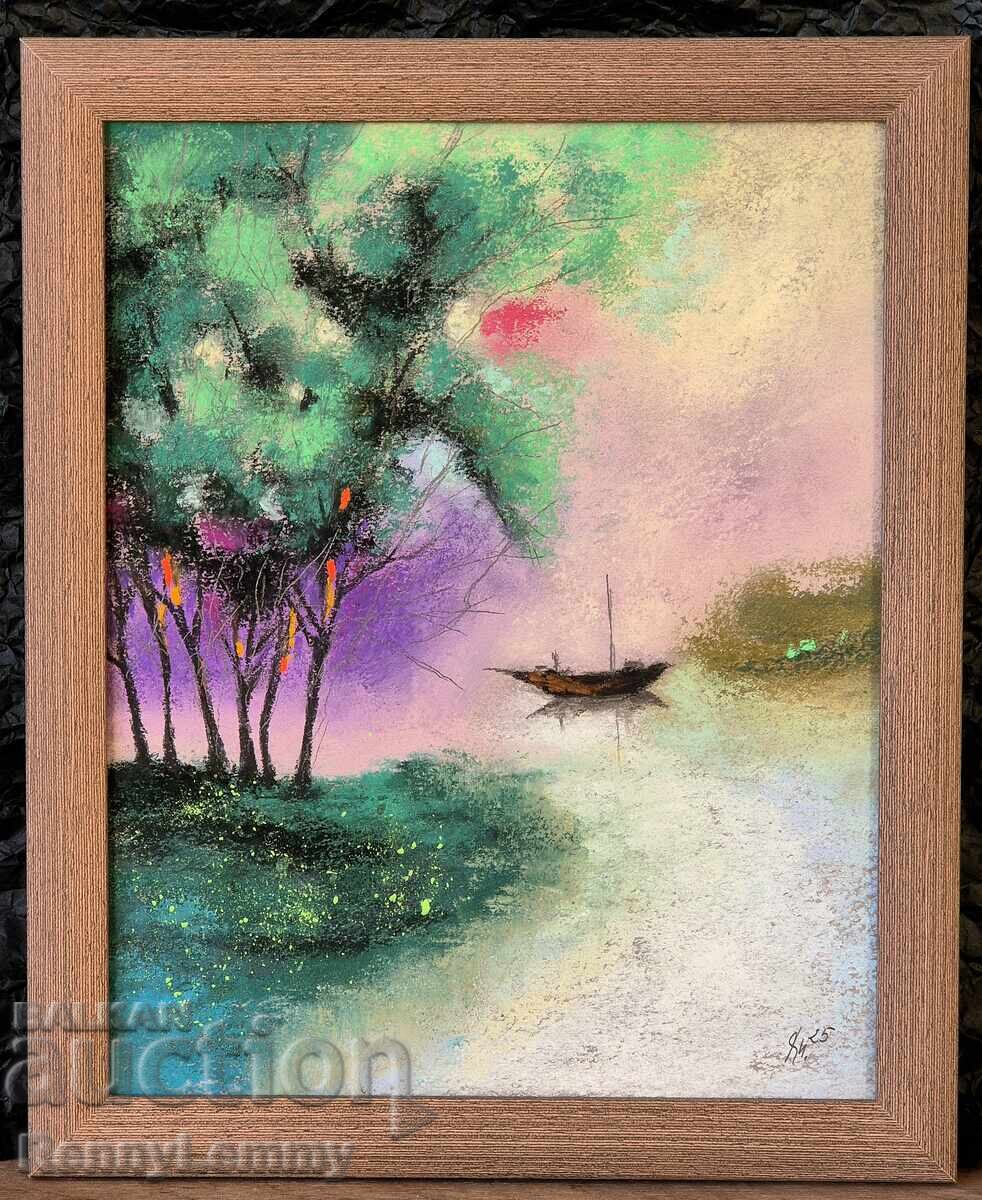 Lac, pictură originală, pastel