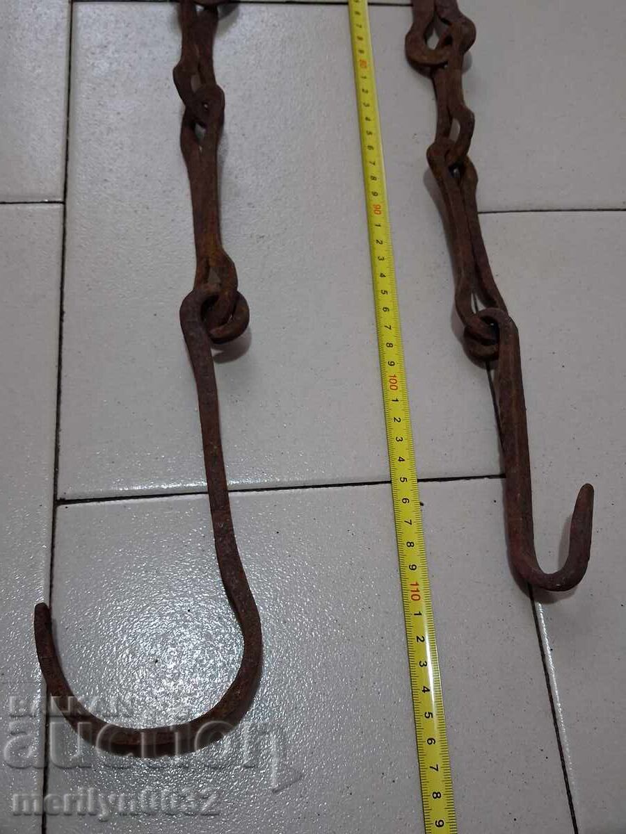 Παλιά αλυσίδα από σφυρήλατο σίδερο με γάντζο, αλυσίδα με γάντζο εστίας - 5