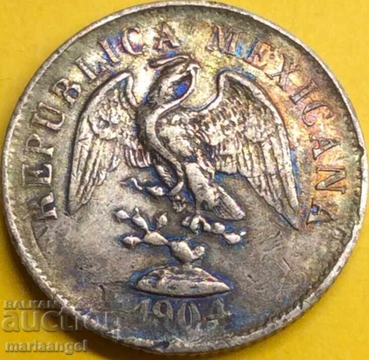 Livrarea Mexic 20 centavos 1904, tiraj 258.000 buc., proba 902 argint