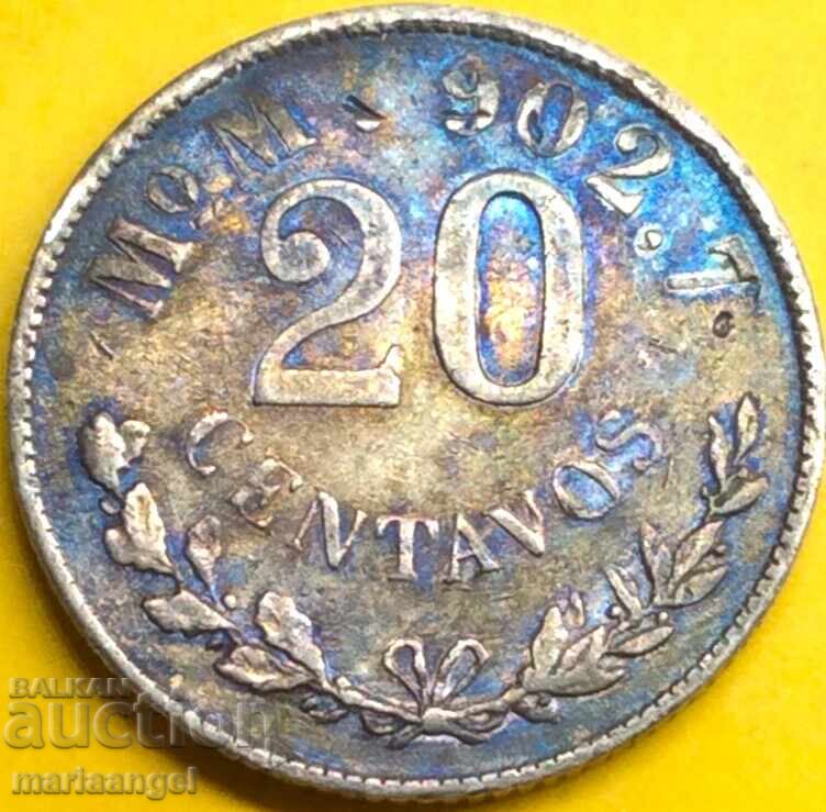 Mexic 20 centavos 1904, tiraj 258.000 buc., proba 902 argint - 7