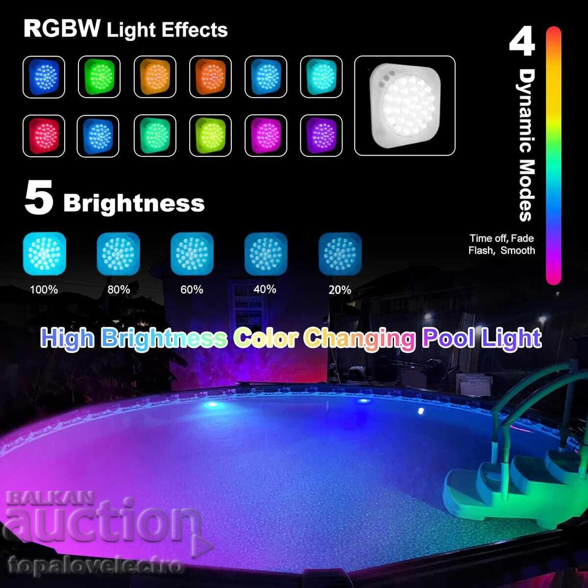 Licitație NOU! Iluminat LED pentru piscină, reîncărcabil, RGBW, cu telecomandă