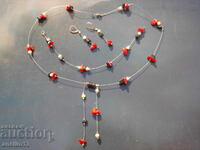 СРЕБЪРЕН КОМПЛЕКТ ГРИВНА ОБЕЦИ КОЛИЕ КОРАЛИ ПЕРЛИ