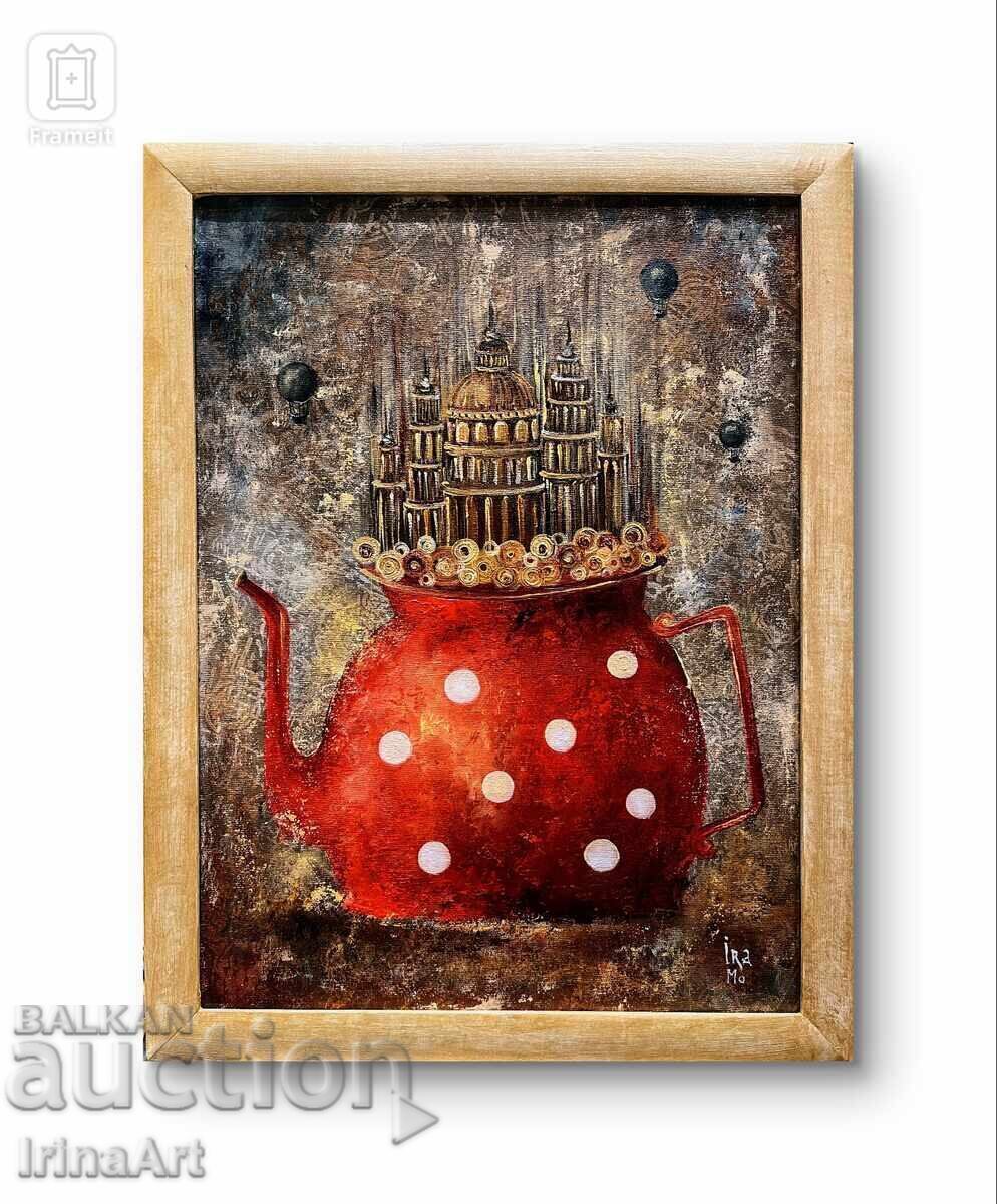 Δημοπρασία Μαγικό τσαγιέρα - Ira Mo (Ι.Μοβτσάν). Λάδι σε καμβά + Πλαίσιο