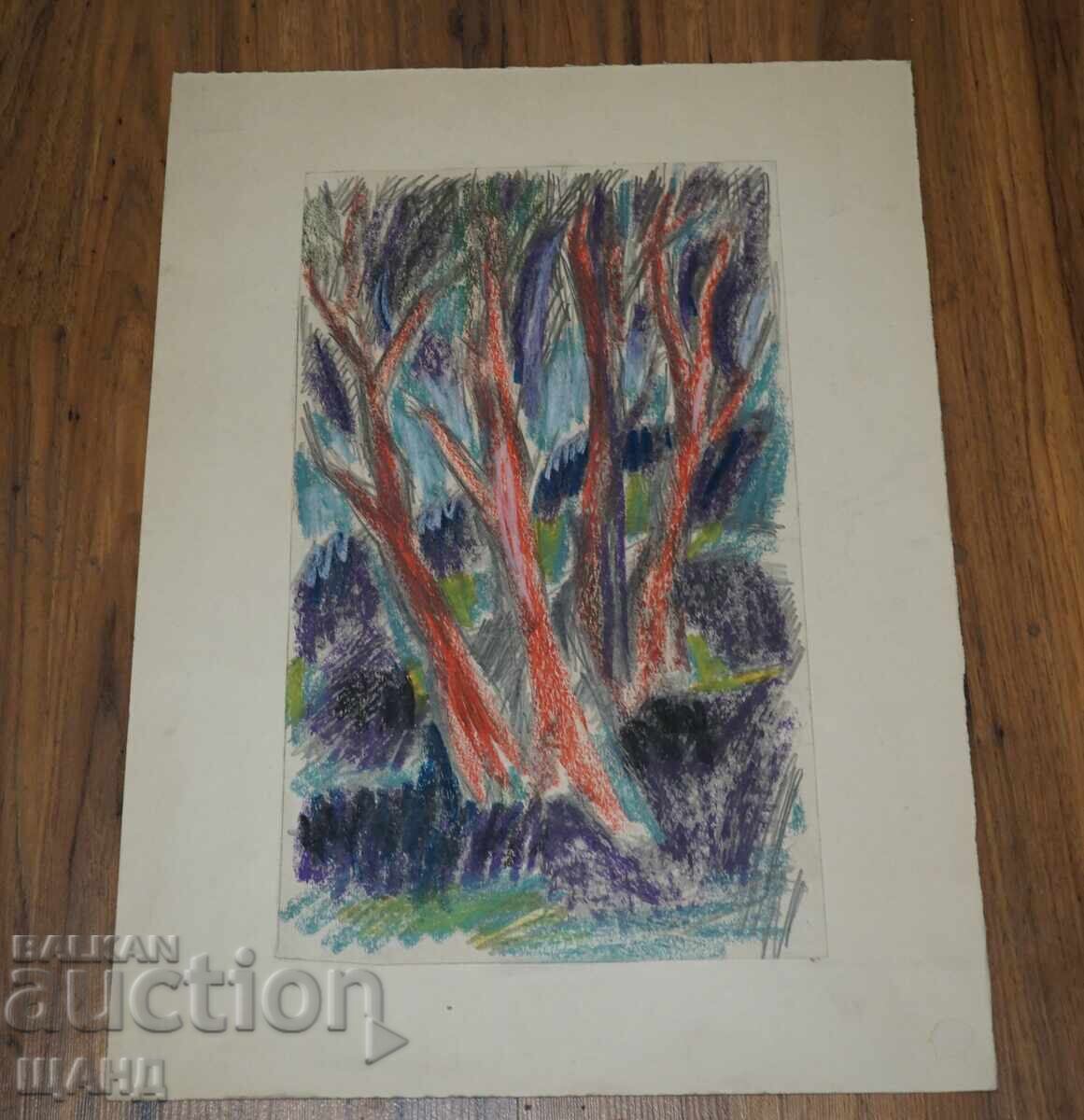 Παλιά Μαστορική ζωγραφική εικόνα παστέλ τοπίο δέντρα Παλιά Μαστορική ζωγραφική εικόνα παστέλ τοπίο δέντρα