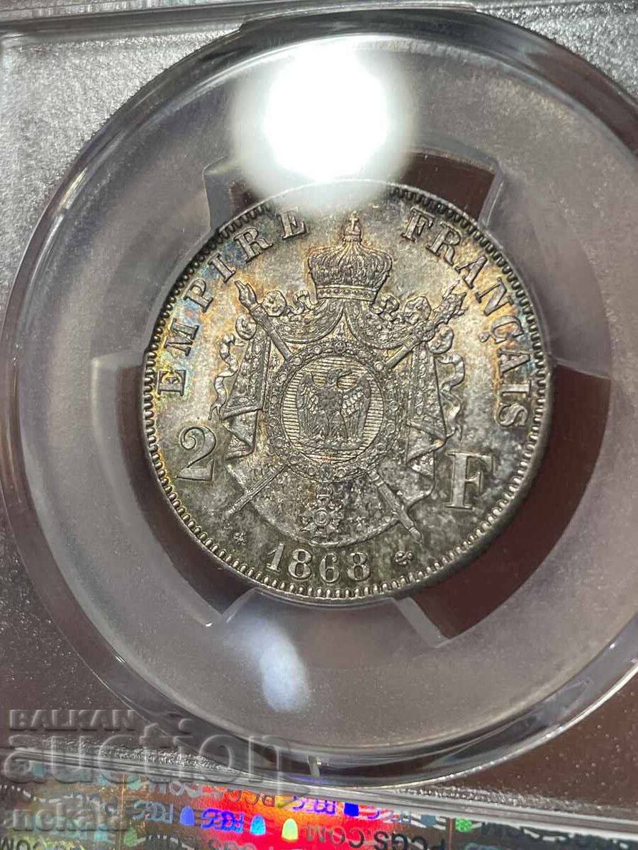 Аукцион Франция, 2 франка 1868 г. MS63 PCGS