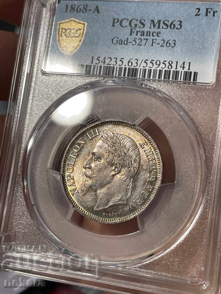 Франция, 2 франка 1868 г. MS63 PCGS