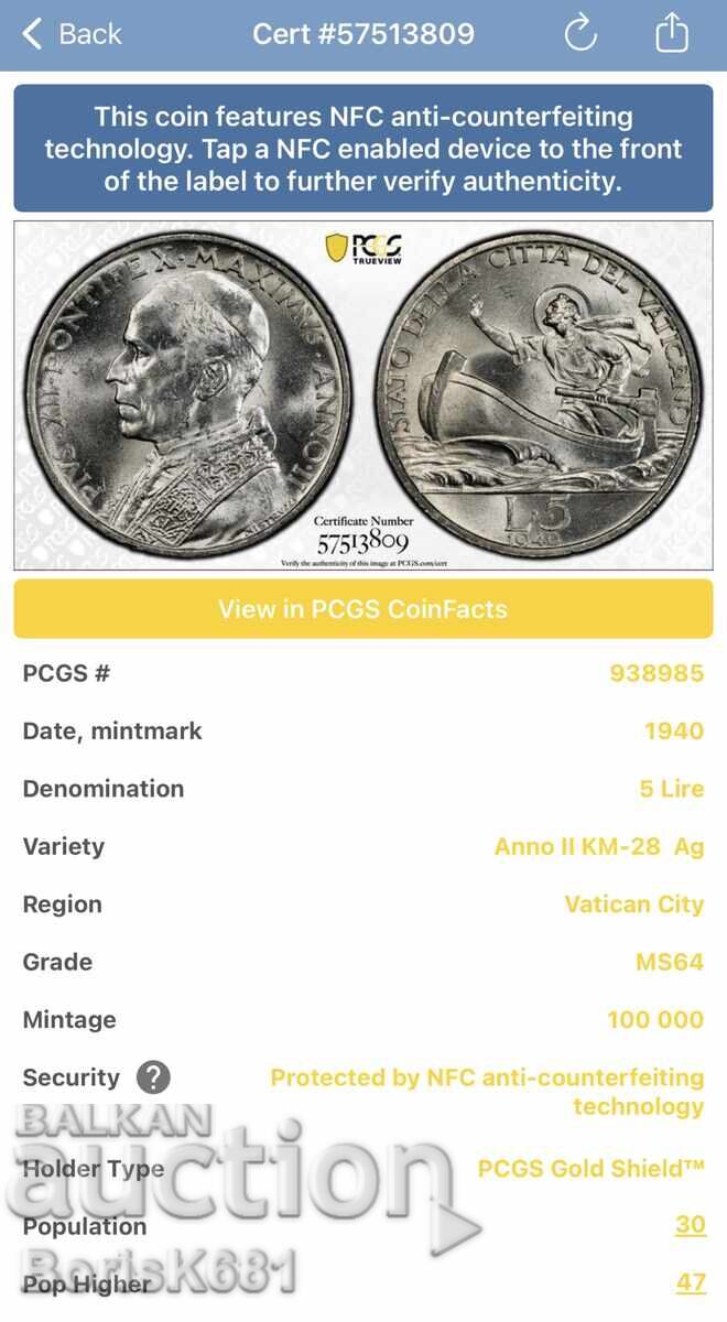 Δημοπρασία Βατικανό 5 Λίρες 1940 MS64 Trueview