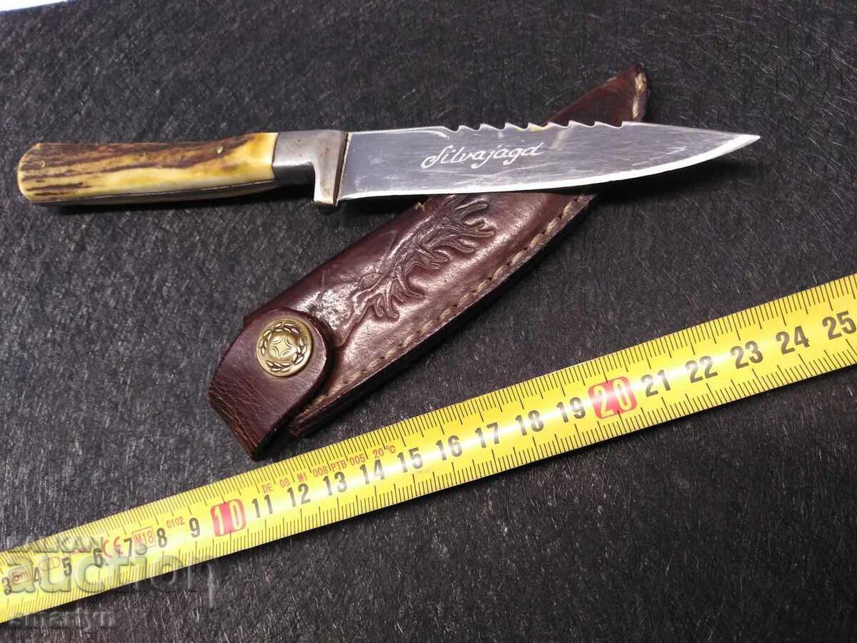 CUȚIT DE VÂNĂTOARE GERMAN VECHI cu teacă de piele, sabie, lamă - 6