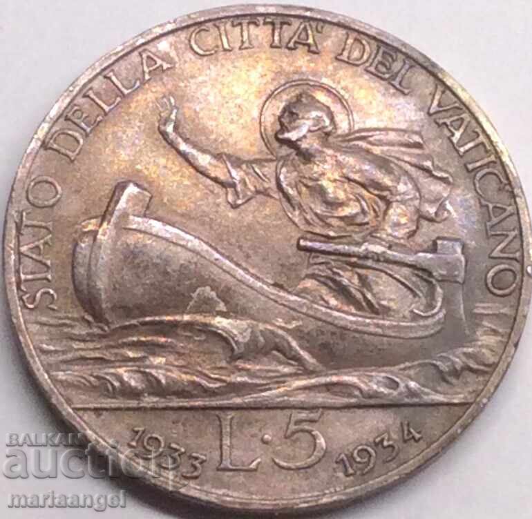 Δημοπρασία 5 λίρες 1933-1934 Βατικανό ΙΩΒΗΛΑΙΟ Χρυσή Πατίνα ασήμι