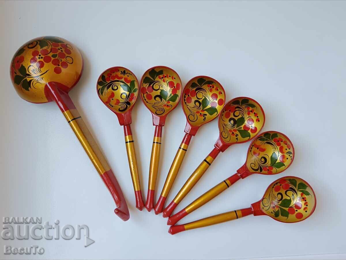 Russian wooden Khokhloma spoons, excellent condition - 6 Russian wooden Khokhloma spoons, excellent condition - 6