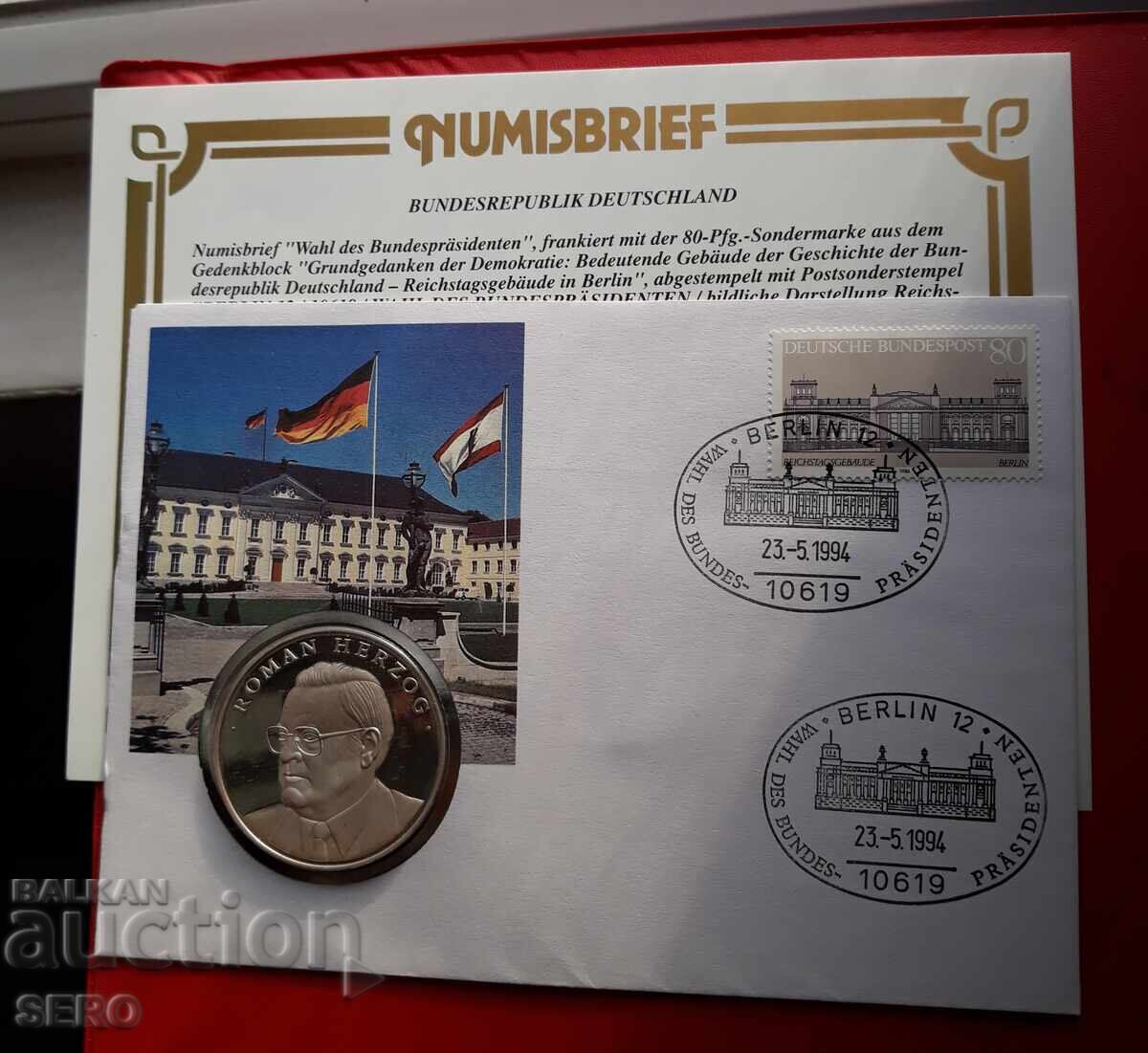 Germania - medalie Roman Herzog și timbru poștal într-un plic frumos