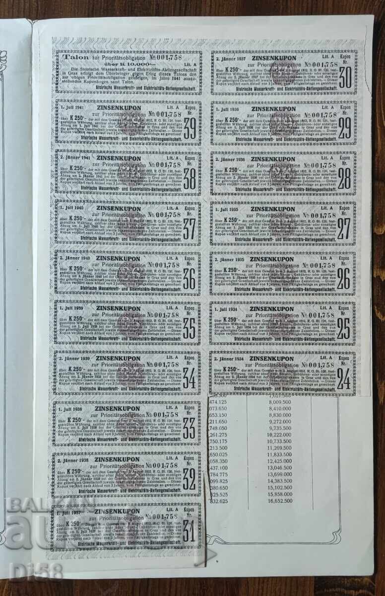 Old Austrian Bond Water Electric Company 1922 with price € 17.90 | 35.01 BGN Old Austrian Bond Water Electric Company 1922 with price € 17.90 | 35.01 BGN