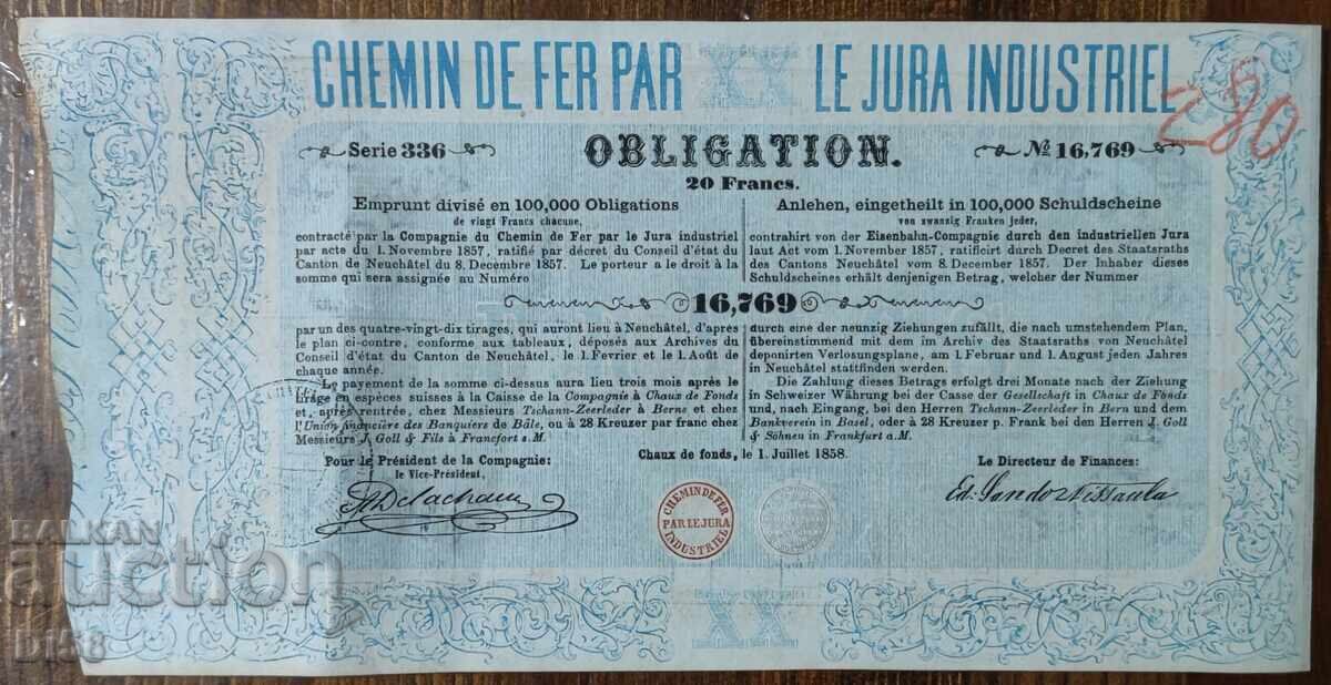 Old Bond 20 Swiss Francs 1858