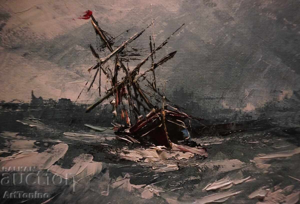 Маслена картина- Морски пейзаж -Кораб в морето - А.Йорданов - 5