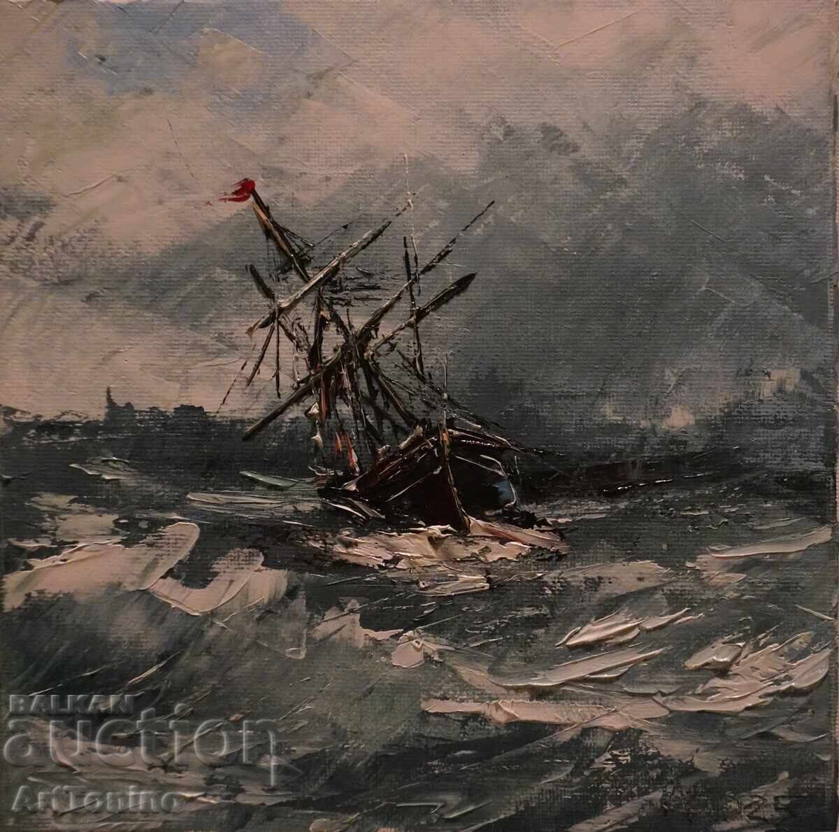 Маслена картина- Морски пейзаж -Кораб в морето - А.Йорданов