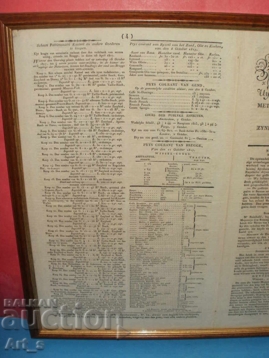 Licitație Ziar olandez original "New Gazette of Bruges" din 1817 Licitație Ziar olandez original "New Gazette of Bruges" din 1817