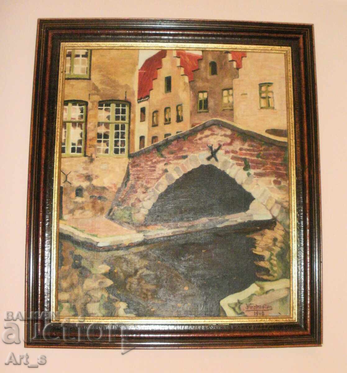 „Изглед към Брюж/ Мостът" в рамка, Белгия, Подпис, 1948г. с цена € 178.95 | 350.00 лв. „Изглед към Брюж/ Мостът" в рамка, Белгия, Подпис, 1948г. с цена € 178.95 | 350.00 лв.