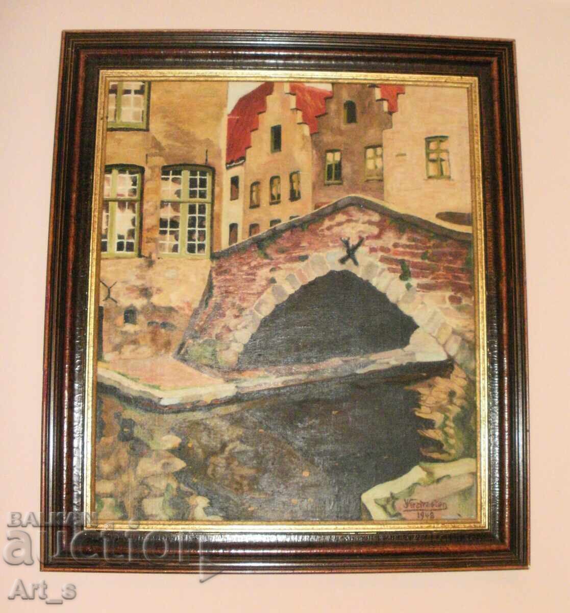 „Vedere asupra Bruges/ Podul" în ramă, Belgia, Semnătură, 1948 cu preț € 150.00 | 293.37 BGN