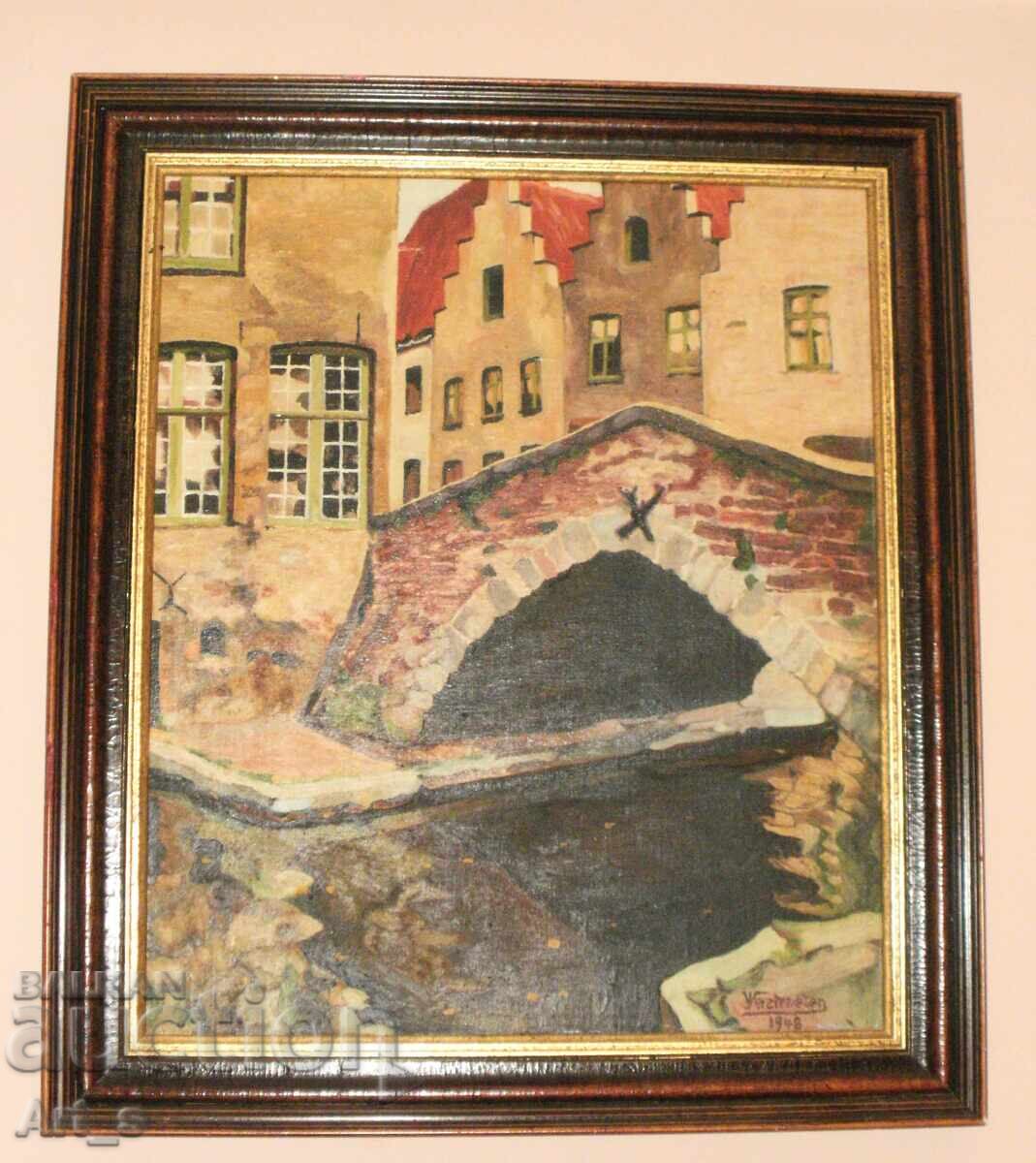 Доставка на „Изглед към Брюж/ Мостът" в рамка, Белгия, Подпис, 1948г. Доставка на „Изглед към Брюж/ Мостът" в рамка, Белгия, Подпис, 1948г.