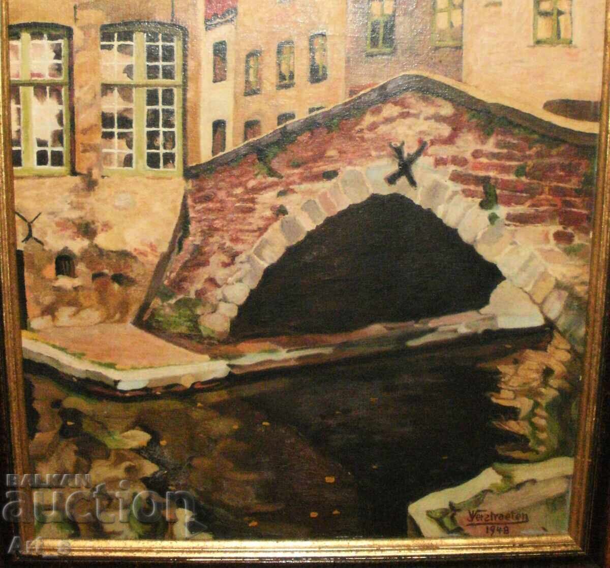 „Vedere asupra Bruges/ Podul" în ramă, Belgia, Semnătură, 1948 - 5