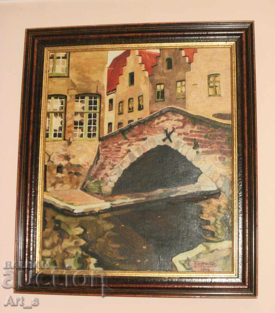 „Vedere asupra Bruges/ Podul" în ramă, Belgia, Semnătură, 1948 - 6