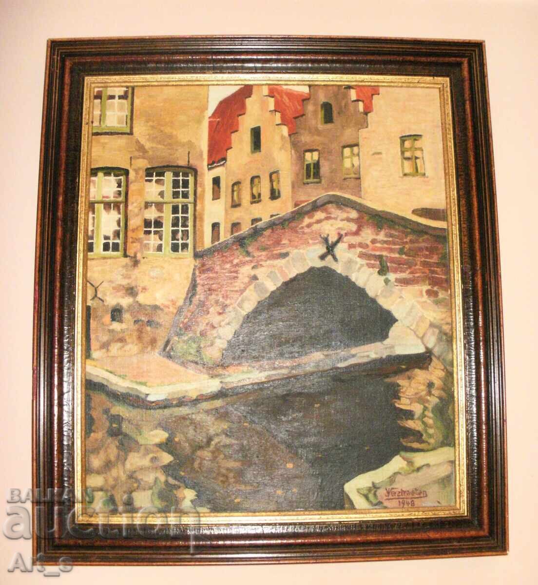 „Vedere asupra Bruges/ Podul" în ramă, Belgia, Semnătură, 1948