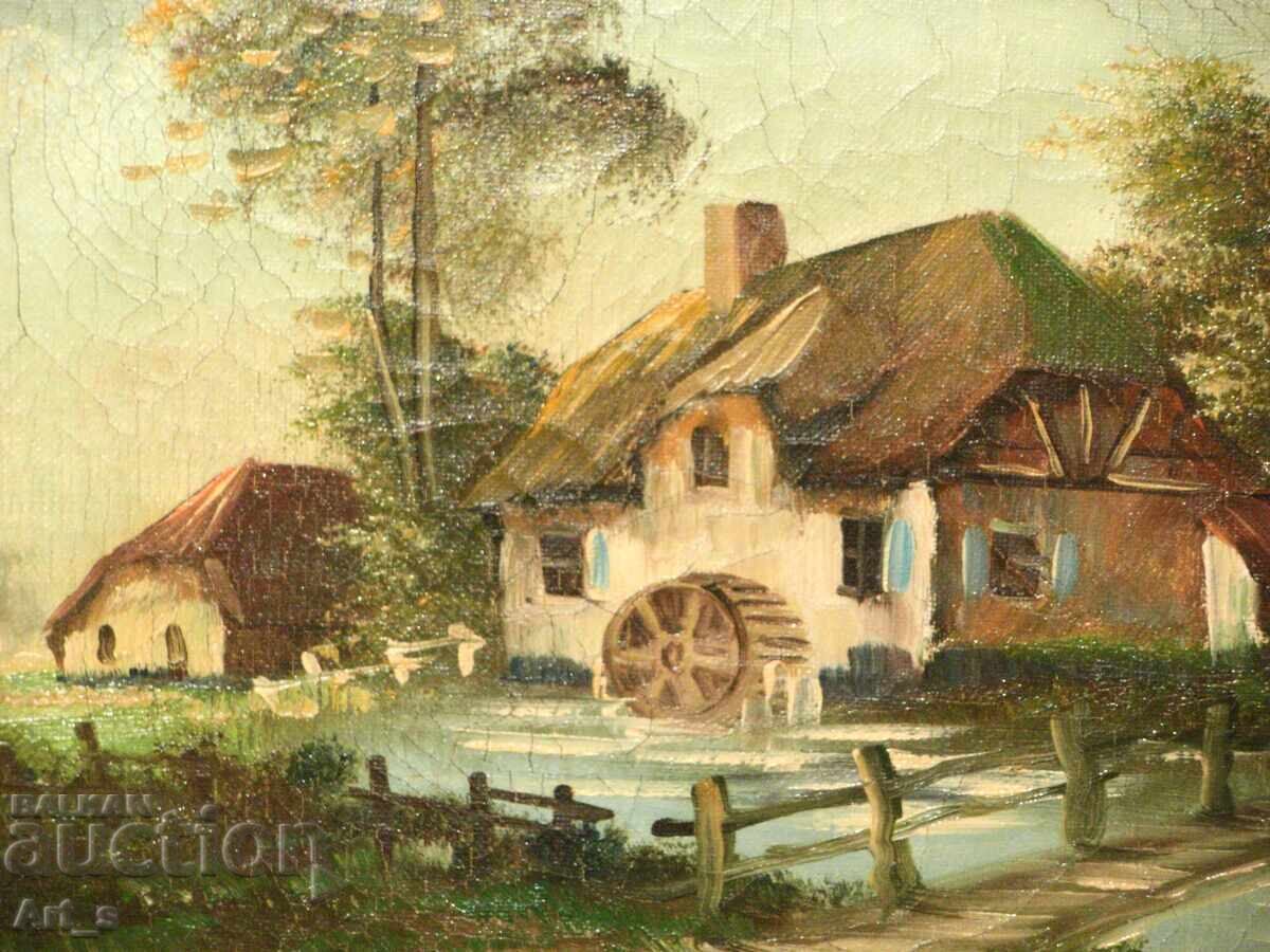 "PEISAJ CU MOARĂ DE APĂ" - pictură veche olandeză în ramă - 5