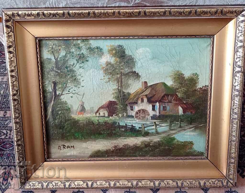LANDSCAPE WITH WATERMILL - old Dutch painting in frame - 7