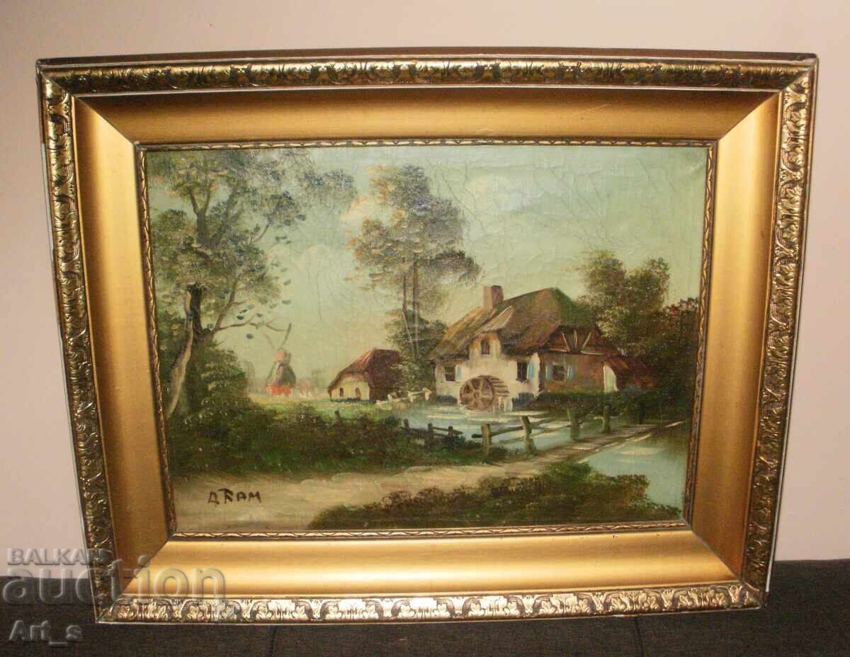 LANDSCAPE WITH WATERMILL - old Dutch painting in frame