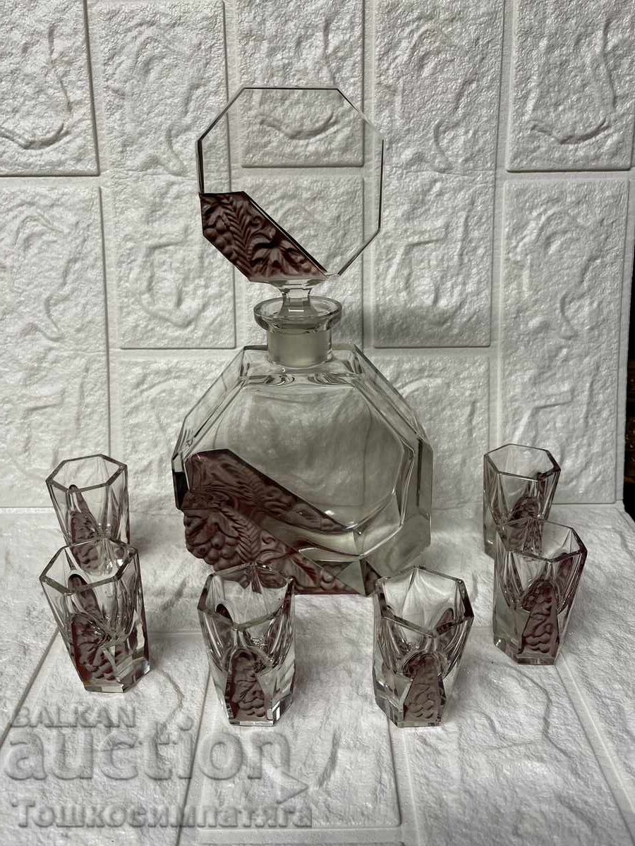 Vintage carafe with six shot glasses, Bohemia, Czechoslovakia Vintage carafe with six shot glasses, Bohemia, Czechoslovakia