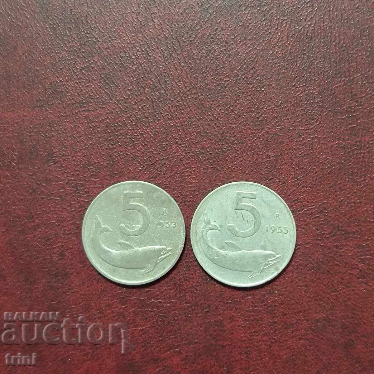 Италия 5 лири 1953 и 1955 г.