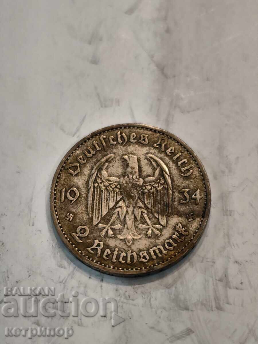 2 марки Германия 1934 г A сребърна. с цена € 36.00 | 70.41 лв.