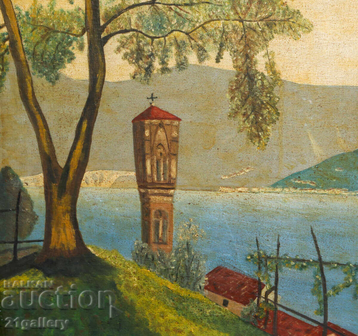 Παράδοση Παλαιός ελαιογραφικός πίνακας τοπίου λίμνης