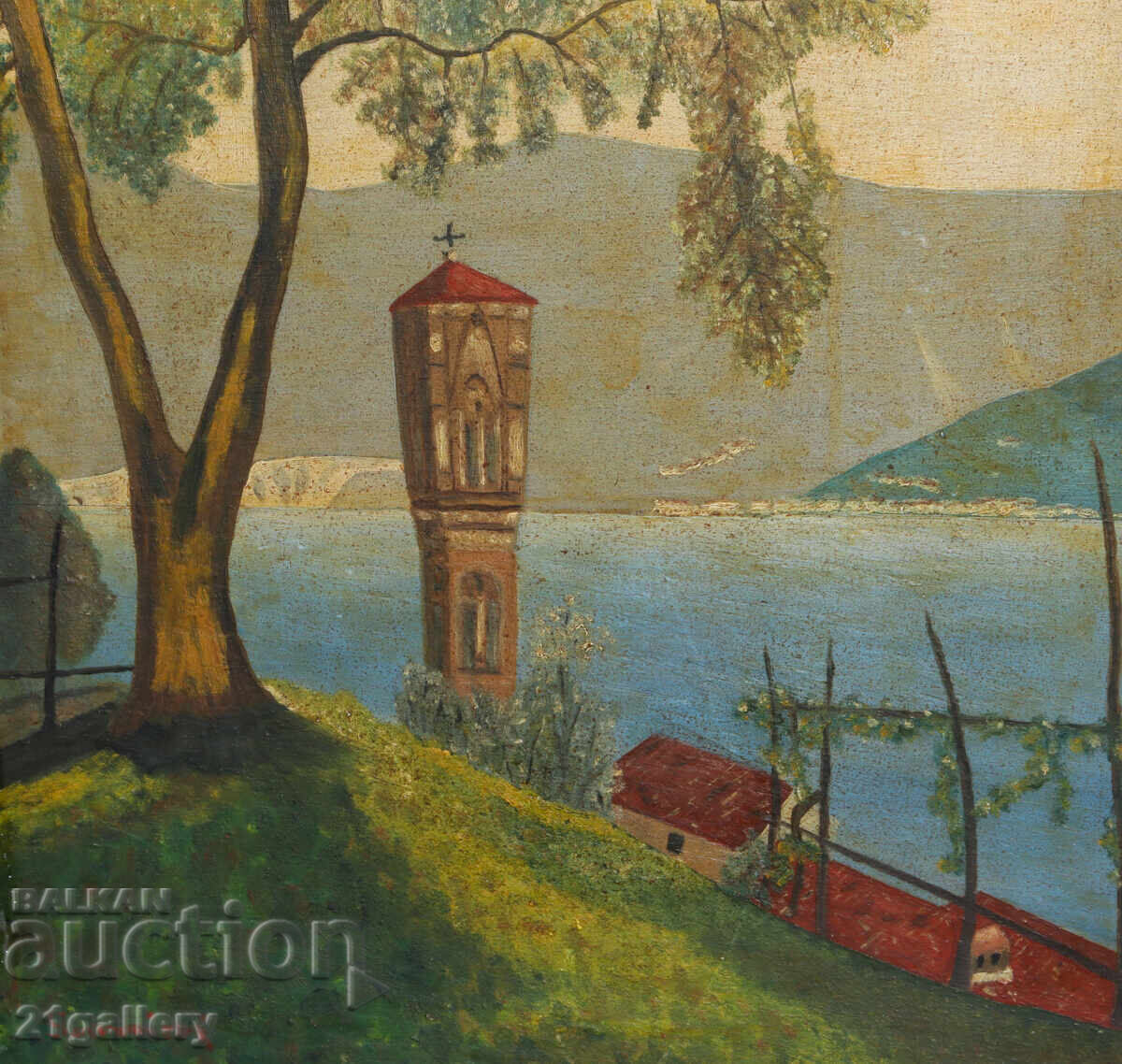 Παλαιός ελαιογραφικός πίνακας τοπίου λίμνης - 5