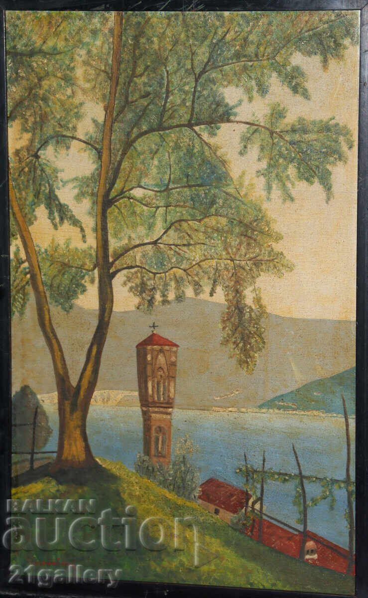 Παλαιός ελαιογραφικός πίνακας τοπίου λίμνης