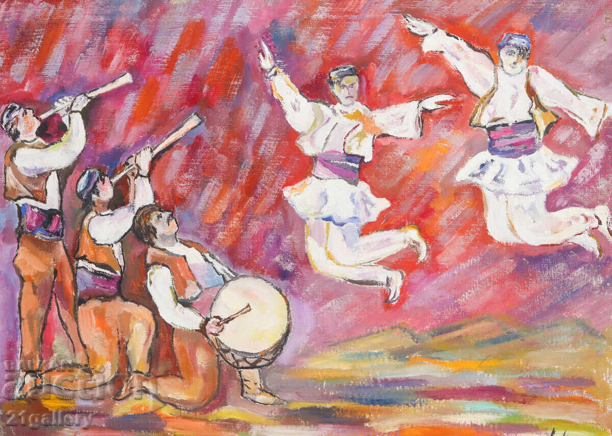 Έργο ζωγραφικής με λάδι, χορός μουσικών