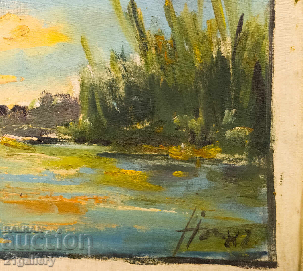 Licitație Peisaj de râu, pictură în ulei, 1982