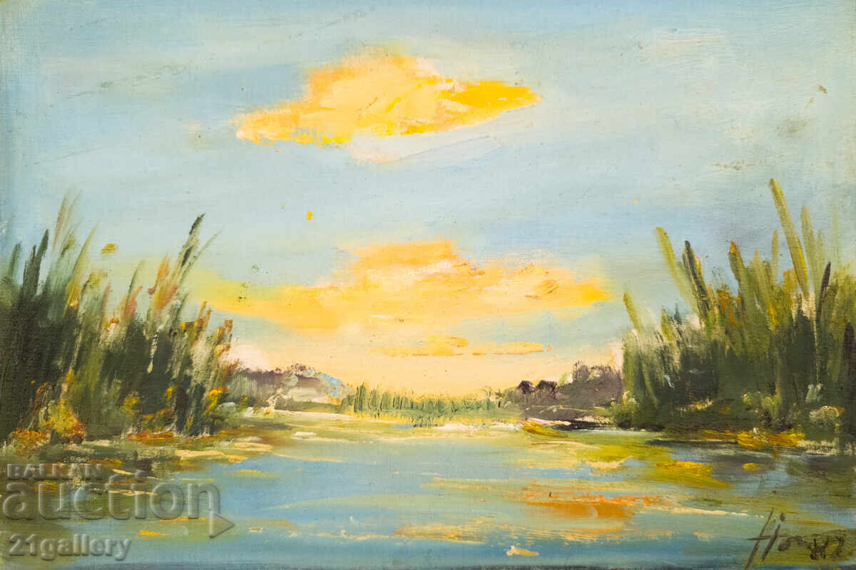 Peisaj de râu, pictură în ulei, 1982