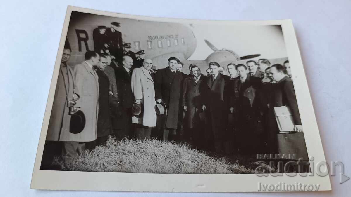 Photo of Vulko Chervenkov with a delegation in front of a propeller airplane 1948 Photo of Vulko Chervenkov with a delegation in front of a propeller airplane 1948