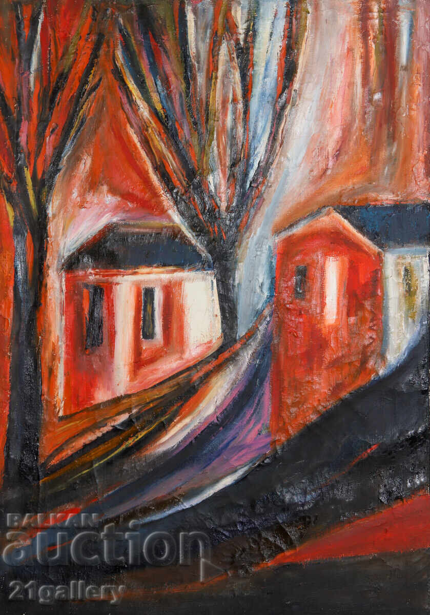 Valentin Radenovski Oil Painting Landscape with Houses Valentin Radenovski Oil Painting Landscape with Houses