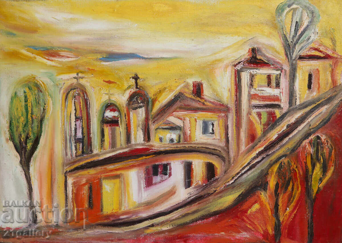 Auction Valentine Radenovski Oil Painting Landscape from Koprivshtitsa Auction Valentine Radenovski Oil Painting Landscape from Koprivshtitsa